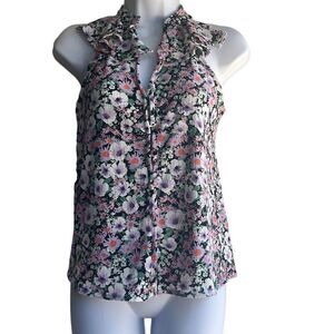 Anthropologie XS Purple Black Floral Print Ruffle V Neck Blouse Top Boho Cottage